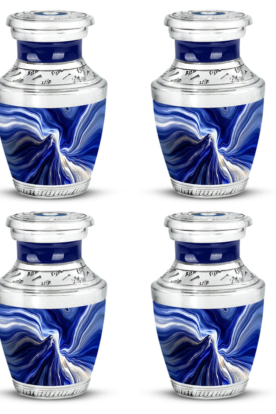 Celestial Blue Blue Cremation Urn back view with polished surface - modern art-inspired blue motif on sleek aluminum - 10 inch aluminum urn for cremated remains