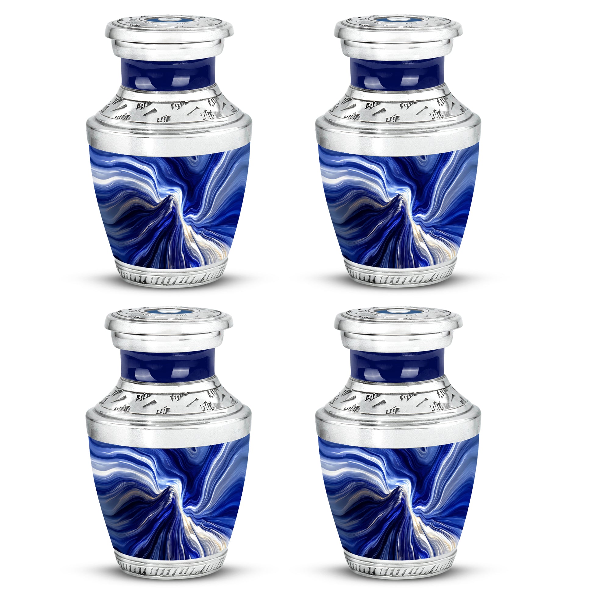 Celestial Blue Blue Cremation Urn back view with polished surface - modern art-inspired blue motif on sleek aluminum - 10 inch aluminum urn for cremated remains
