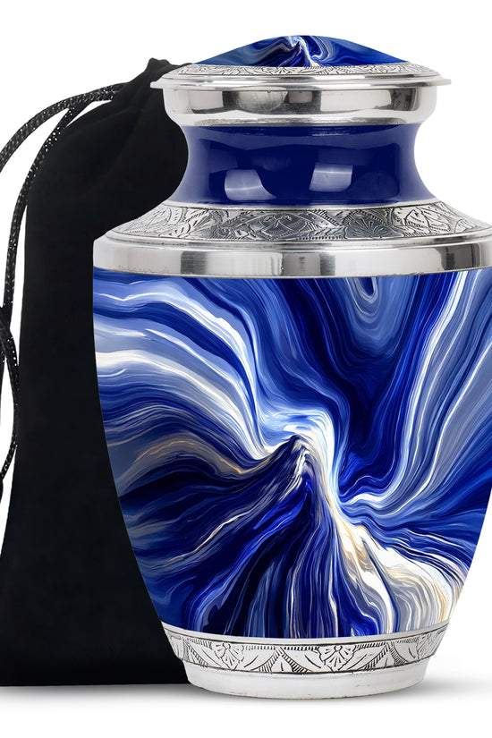 Indigo Blue Cremation Urn side profile showing urn shape - contemporary blue design with modern artistic flair - full-size 10 inch 200 cubic inch adult cremation urn