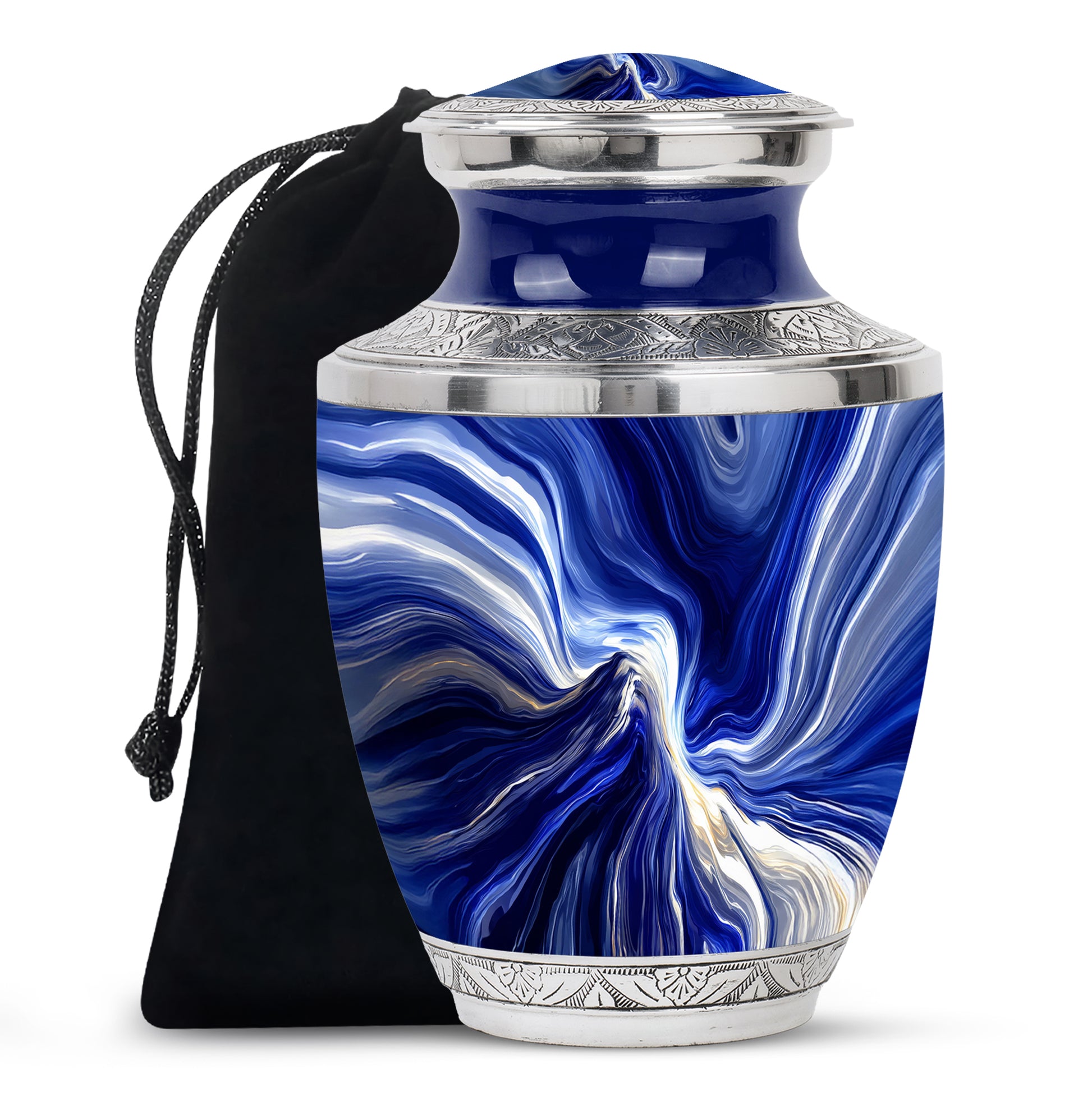 Indigo Blue Cremation Urn side profile showing urn shape - contemporary blue design with modern artistic flair - full-size 10 inch 200 cubic inch adult cremation urn