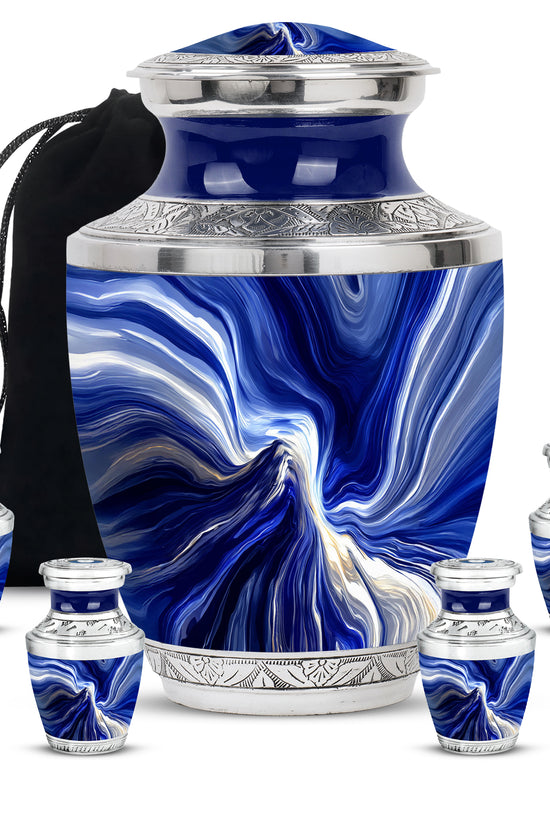 Navy Blue Blue Cremation Urn lifestyle display on memorial shelf - contemporary blue design with modern artistic flair - memorial set with one large and four small urns