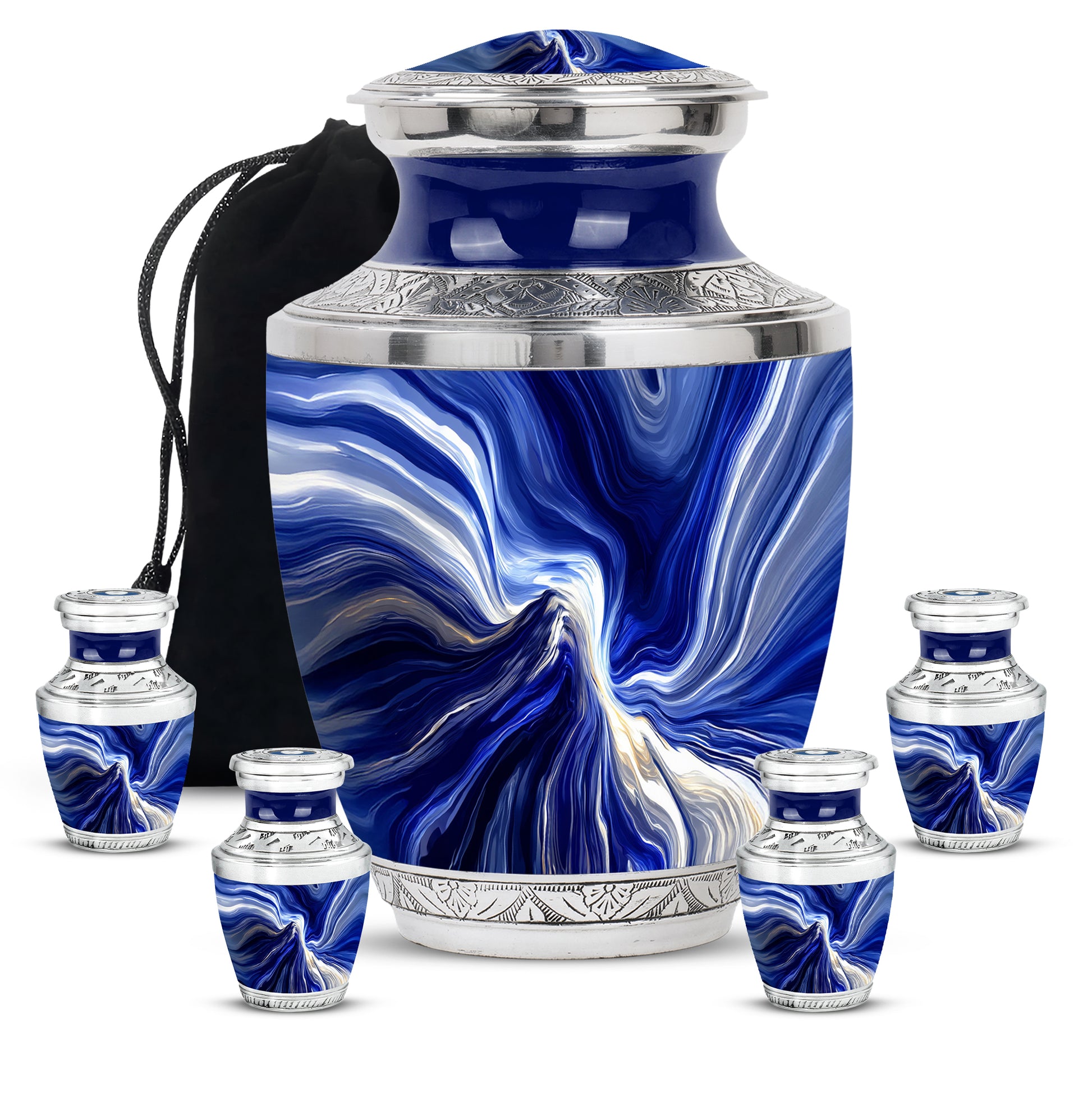 Navy Blue Blue Cremation Urn lifestyle display on memorial shelf - contemporary blue design with modern artistic flair - memorial set with one large and four small urns