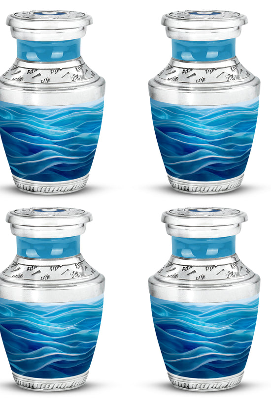 Pastel Blue Blue Cremation Urn back view with polished surface - contemporary blue design with modern artistic flair - 10 inch aluminum urn for cremated remains