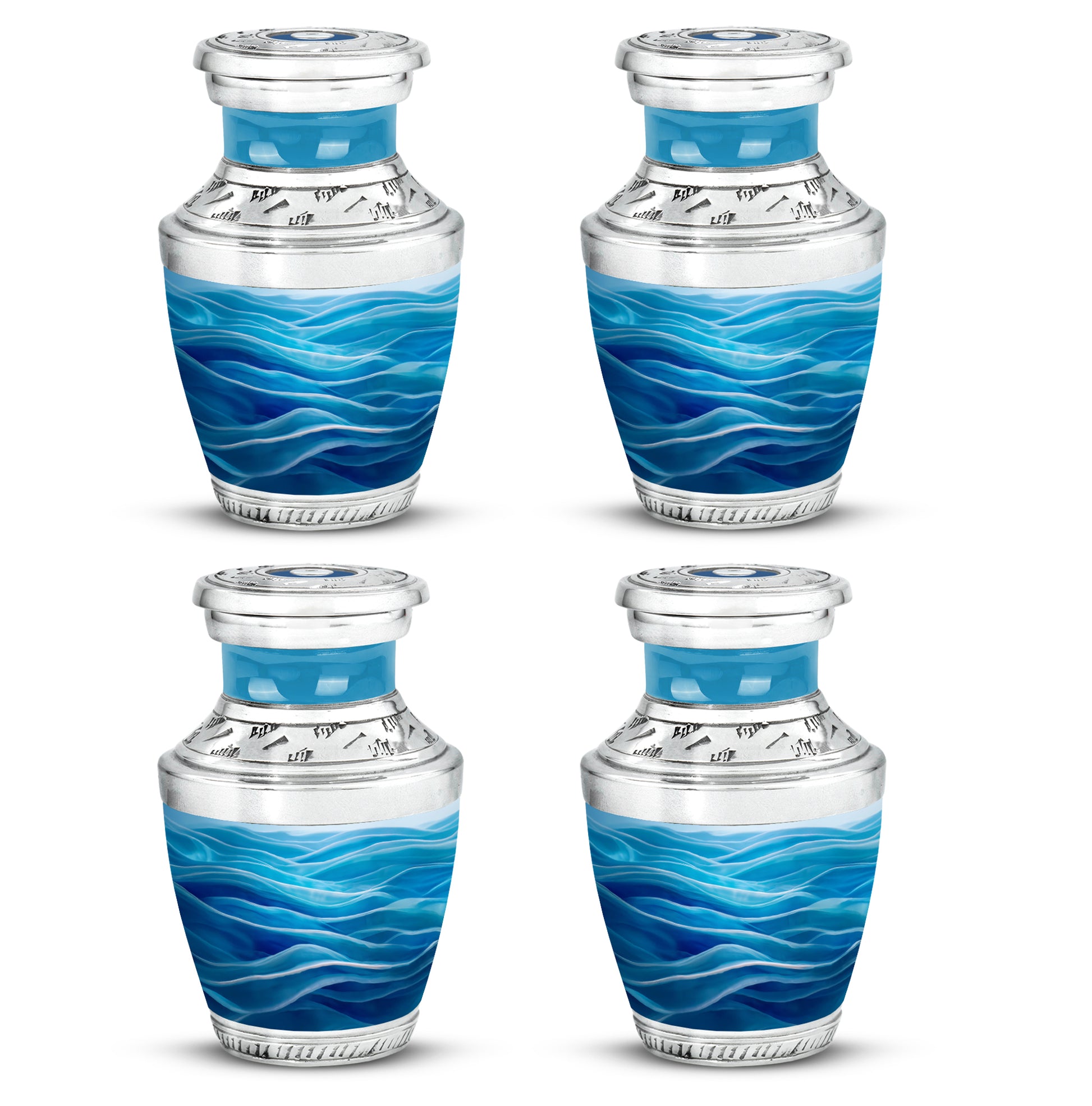 Pastel Blue Blue Cremation Urn back view with polished surface - contemporary blue design with modern artistic flair - 10 inch aluminum urn for cremated remains