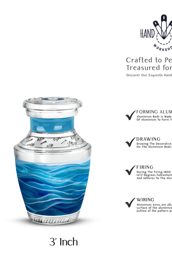 Dusty Blue Blue Cremation Urn top-down view of secure threaded lid - modern art-inspired blue motif on sleek aluminum - mini keepsake memorial for portion of cremation ashes