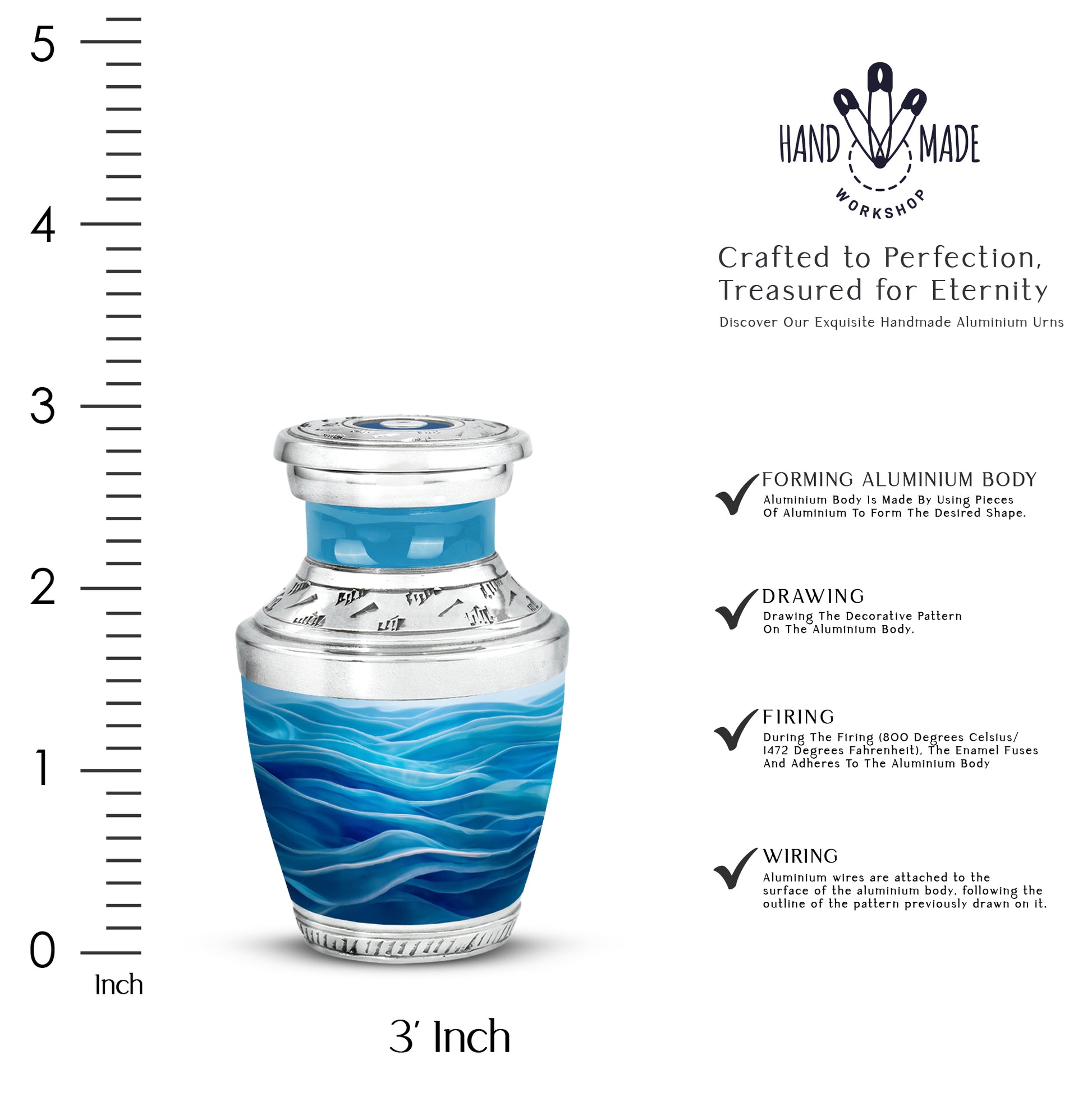 Dusty Blue Blue Cremation Urn top-down view of secure threaded lid - modern art-inspired blue motif on sleek aluminum - mini keepsake memorial for portion of cremation ashes