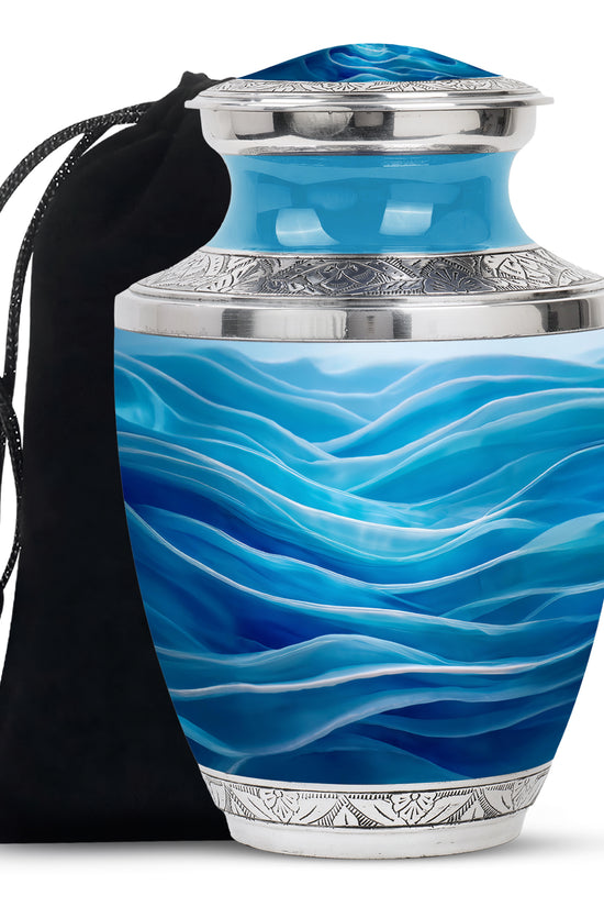 Vivid Blue Blue Cremation Urn side profile showing urn shape - artistic blue interpretation with creative detail - full-size 10 inch 200 cubic inch adult cremation urn