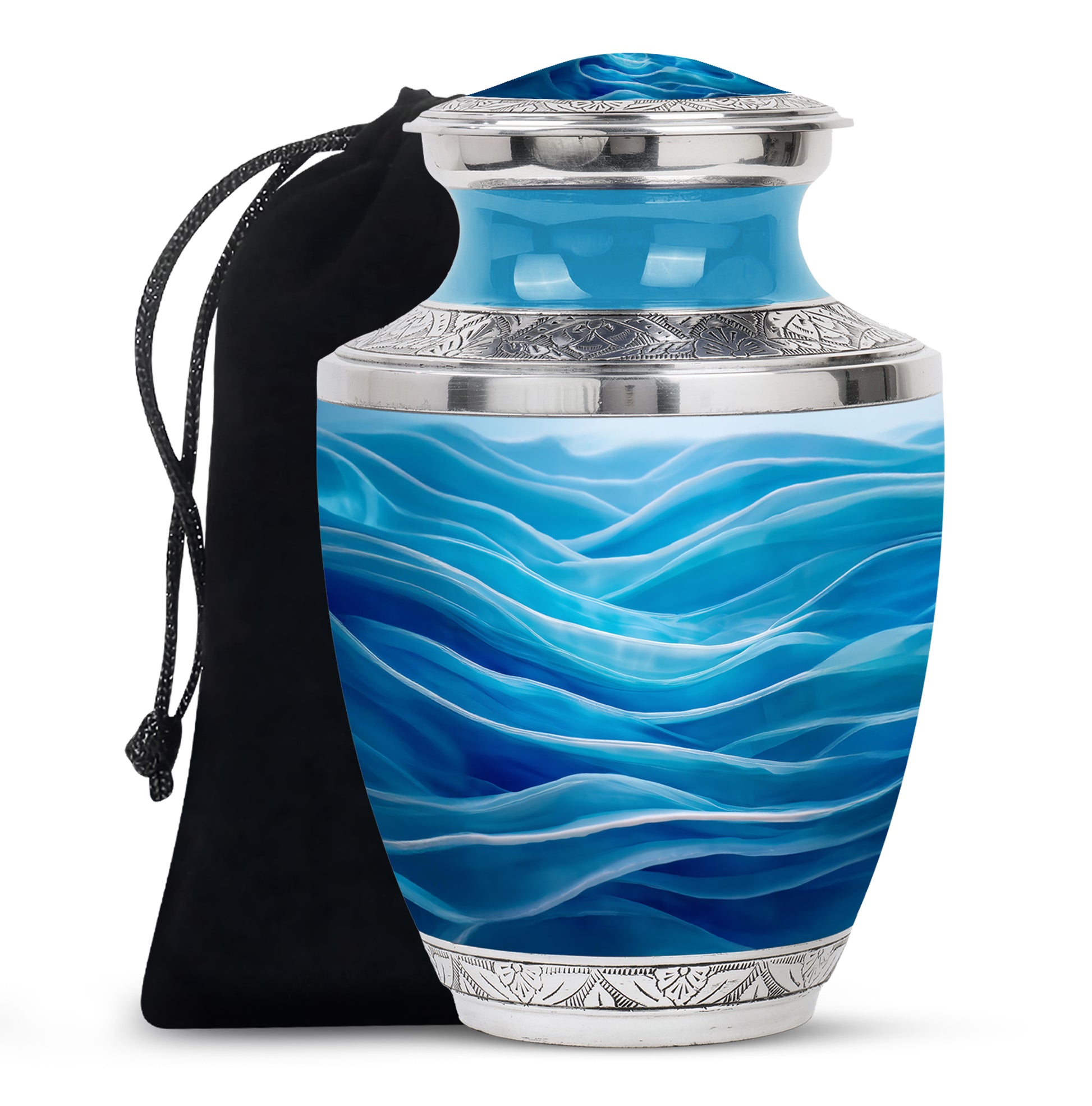 Vivid Blue Blue Cremation Urn side profile showing urn shape - artistic blue interpretation with creative detail - full-size 10 inch 200 cubic inch adult cremation urn