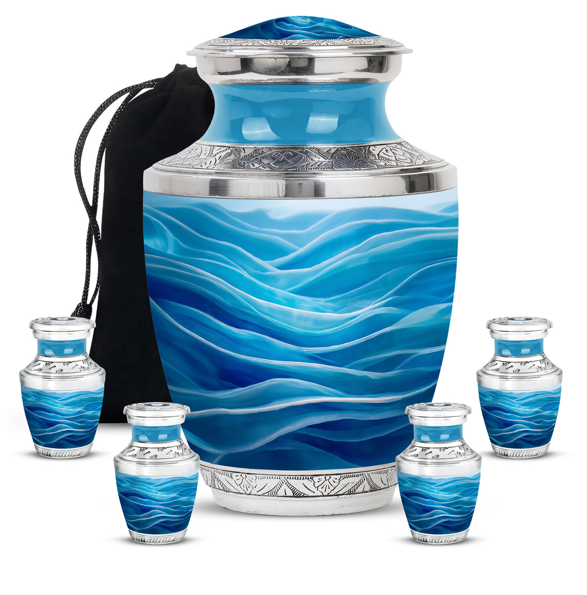 Icy Blue Blue Cremation Urn lifestyle display on memorial shelf - modern art-inspired blue motif on sleek aluminum - memorial set with one large and four small urns