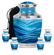 Icy Blue Blue Cremation Urn lifestyle display on memorial shelf - modern art-inspired blue motif on sleek aluminum - memorial set with one large and four small urns