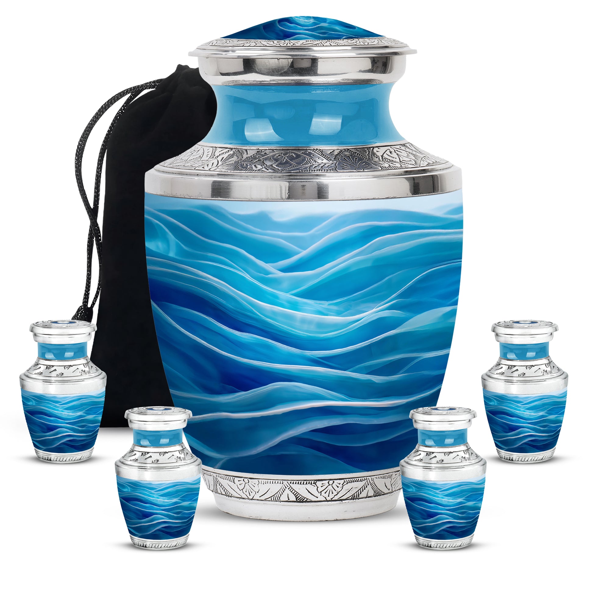 Icy Blue Blue Cremation Urn lifestyle display on memorial shelf - modern art-inspired blue motif on sleek aluminum - memorial set with one large and four small urns