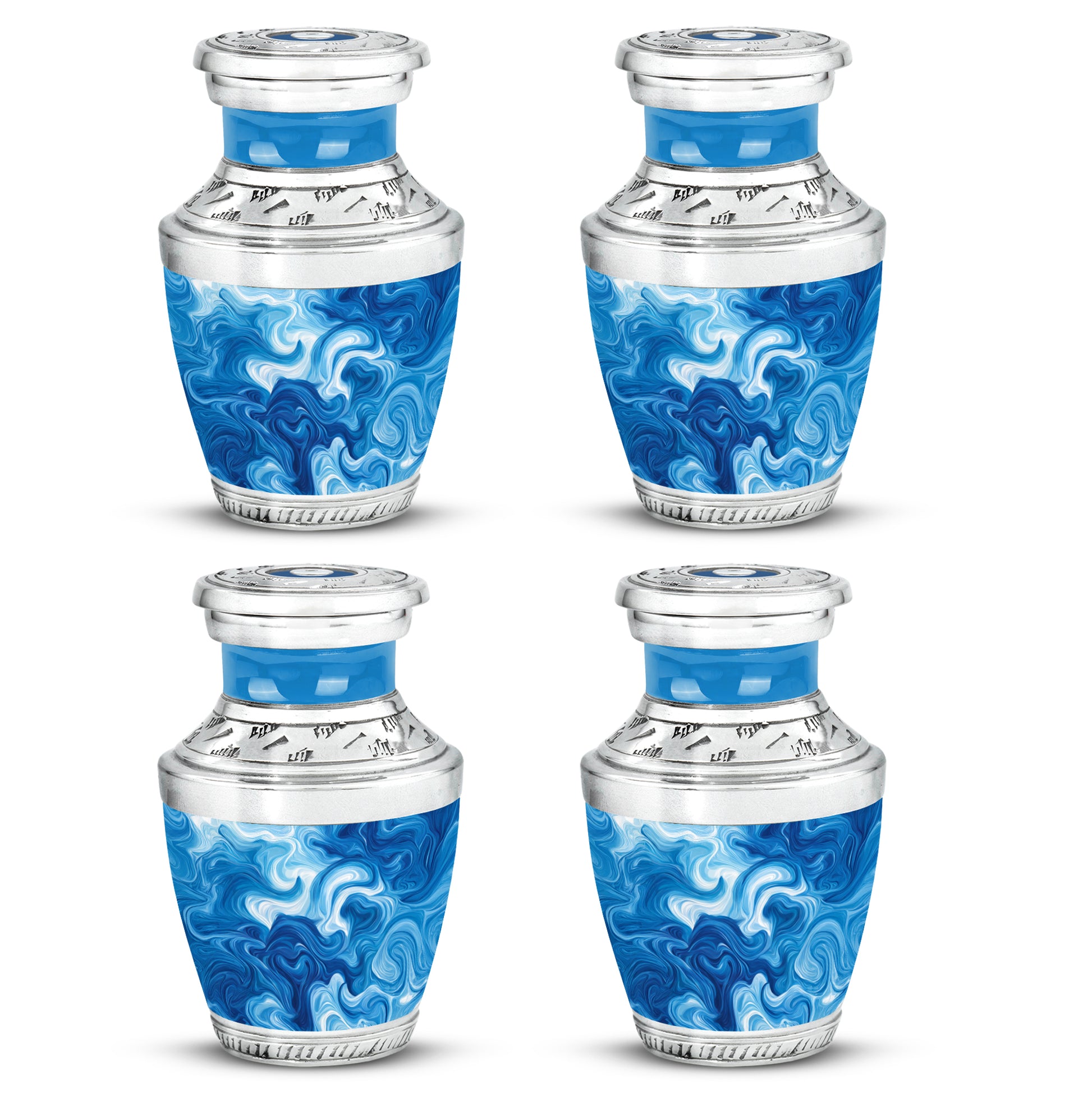 Powder Blue Blue Cremation Urn back view with polished surface - modern art-inspired blue motif on sleek aluminum - 10 inch aluminum urn for cremated remains