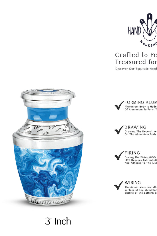 Calming Blue Blue Cremation Urn top-down view of secure threaded lid - stylized abstract blue pattern with bold lines - mini keepsake memorial for portion of cremation ashes