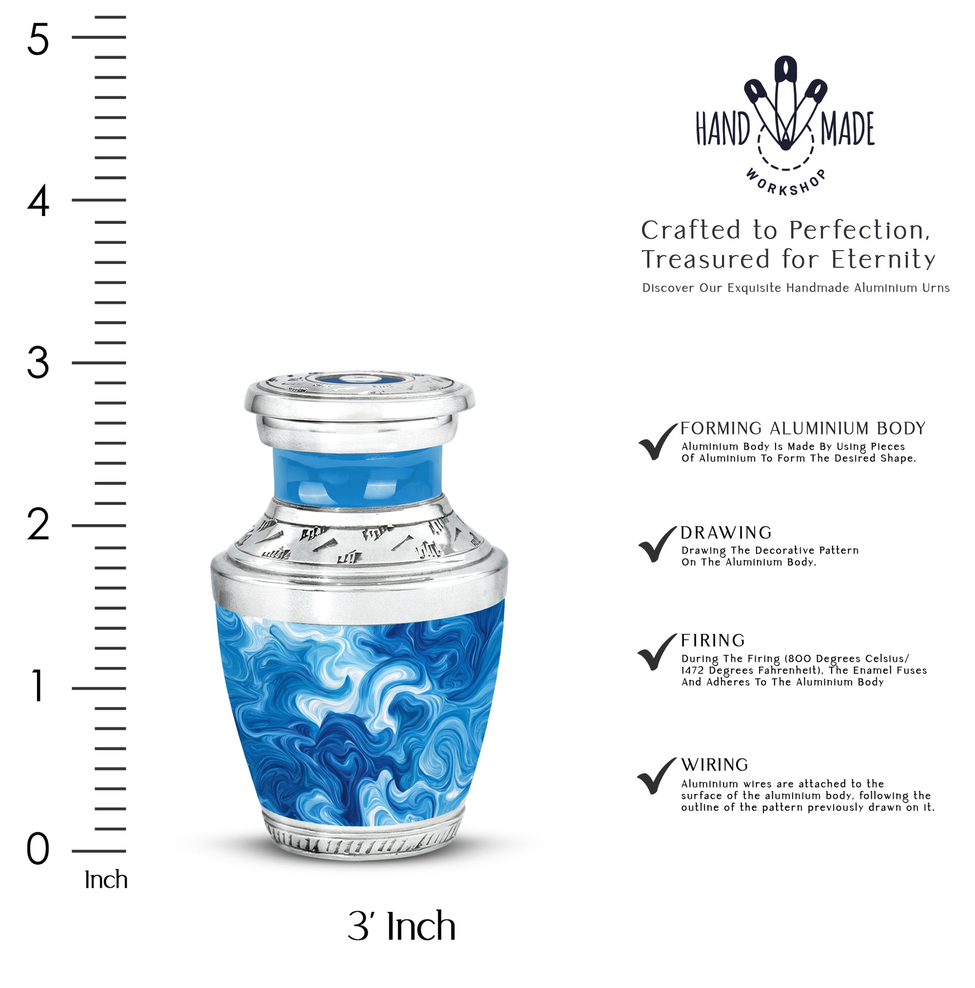 Calming Blue Blue Cremation Urn top-down view of secure threaded lid - stylized abstract blue pattern with bold lines - mini keepsake memorial for portion of cremation ashes