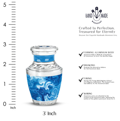 Calming Blue Blue Cremation Urn top-down view of secure threaded lid - stylized abstract blue pattern with bold lines - mini keepsake memorial for portion of cremation ashes