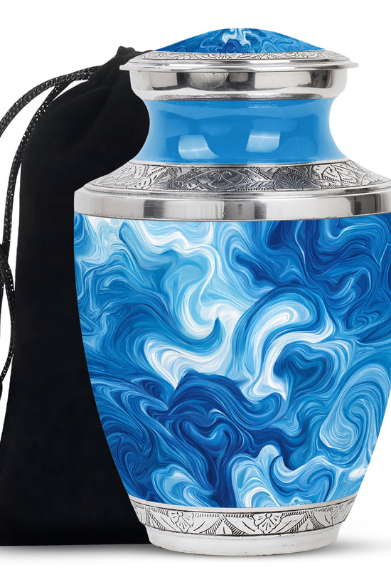 Cobalt Blue Blue Cremation Urn side profile showing urn shape - artistic blue interpretation with creative detail - full-size 10 inch 200 cubic inch adult cremation urn