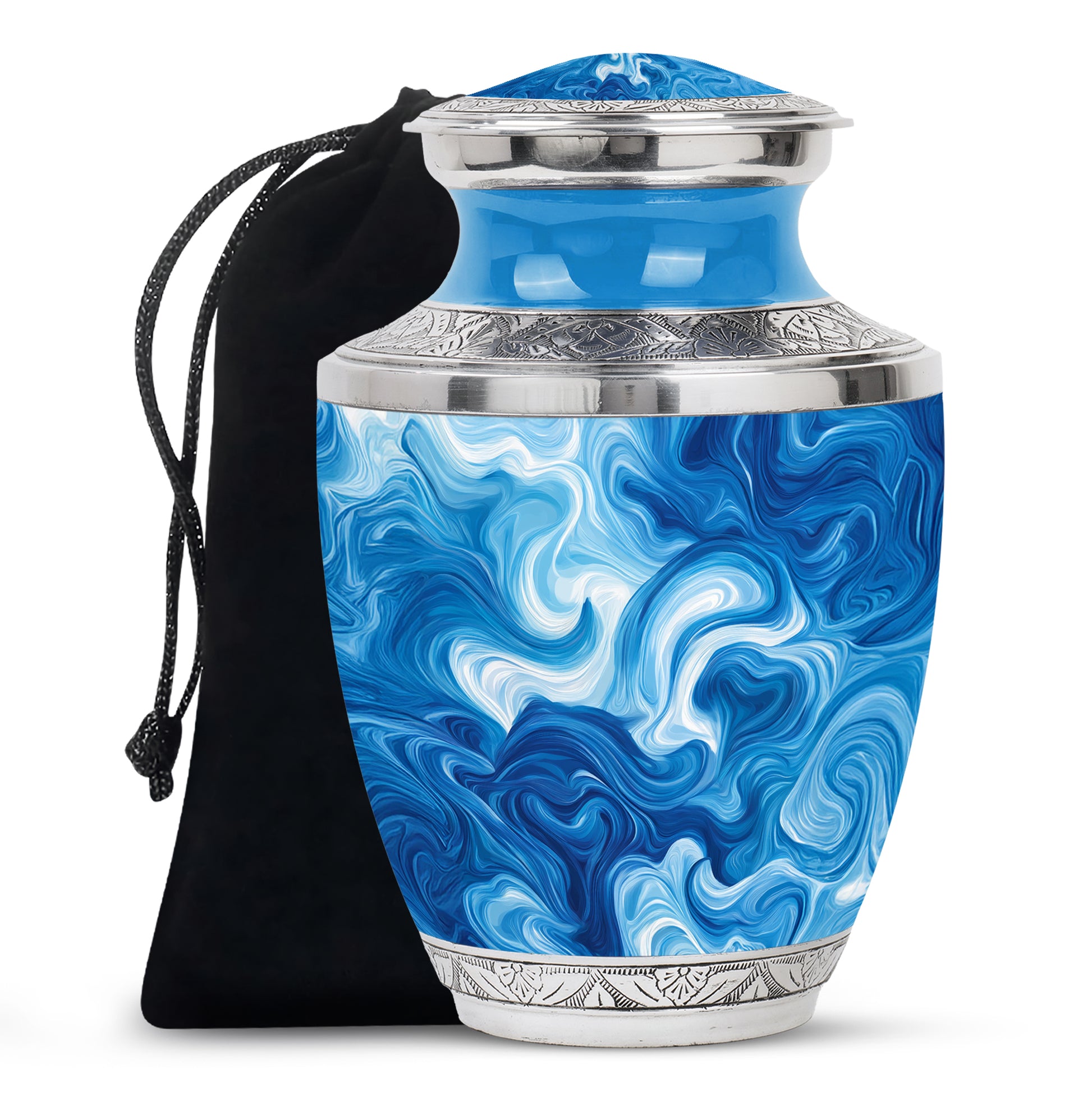 Cobalt Blue Blue Cremation Urn side profile showing urn shape - artistic blue interpretation with creative detail - full-size 10 inch 200 cubic inch adult cremation urn