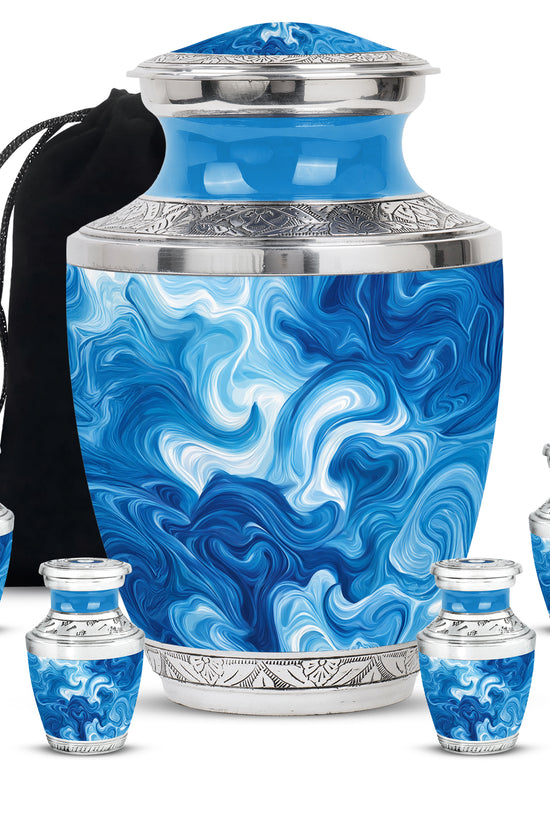 Calming Blue Blue Cremation Urn lifestyle display on memorial shelf - artistic blue interpretation with creative detail - memorial set with one large and four small urns