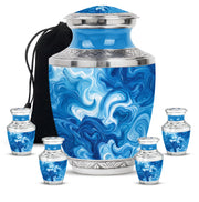 Calming Blue Blue Cremation Urn lifestyle display on memorial shelf - artistic blue interpretation with creative detail - memorial set with one large and four small urns