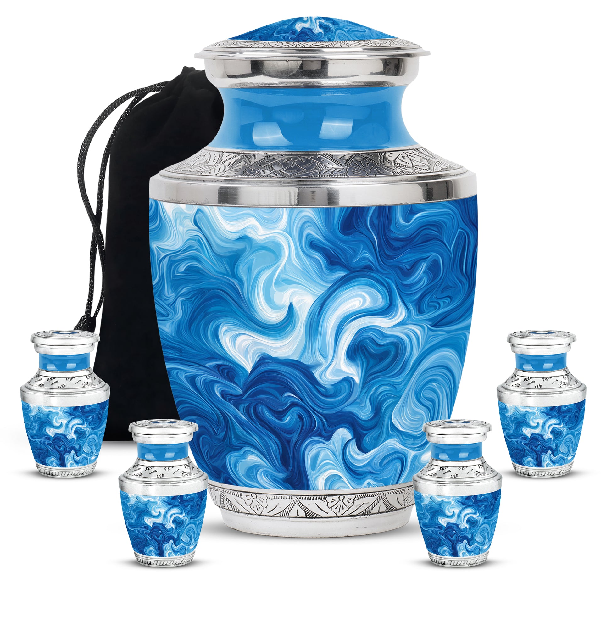 Calming Blue Blue Cremation Urn lifestyle display on memorial shelf - artistic blue interpretation with creative detail - memorial set with one large and four small urns