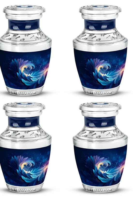 Steel Blue Blue Cremation Urn back view with polished surface - artistic blue interpretation with creative detail - 10 inch aluminum urn for cremated remains