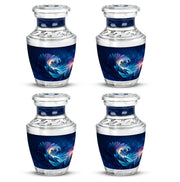 Steel Blue Blue Cremation Urn back view with polished surface - artistic blue interpretation with creative detail - 10 inch aluminum urn for cremated remains