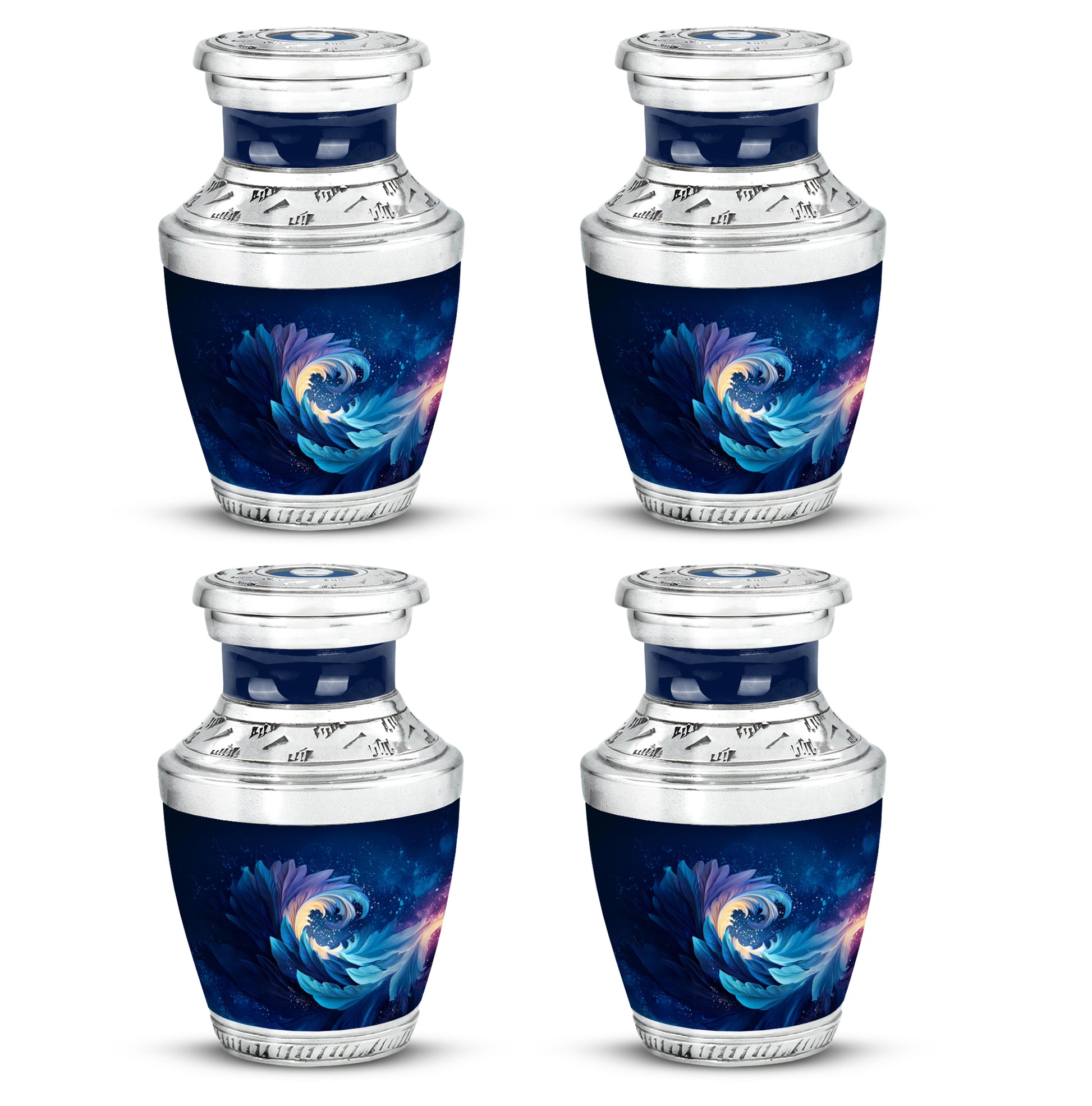 Steel Blue Blue Cremation Urn back view with polished surface - artistic blue interpretation with creative detail - 10 inch aluminum urn for cremated remains