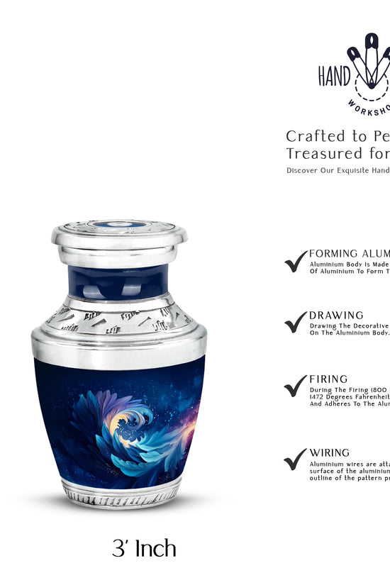 Twilight Blue Blue Cremation Urn top-down view of secure threaded lid - artistic blue interpretation with creative detail - mini keepsake memorial for portion of cremation ashes