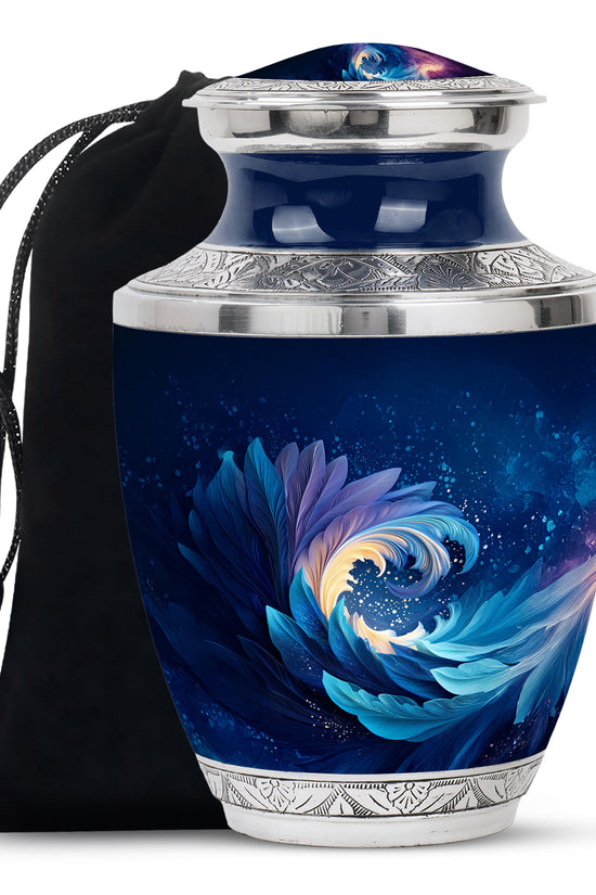 Navy Blue Blue Cremation Urn side profile showing urn shape - contemporary blue design with modern artistic flair - full-size 10 inch 200 cubic inch adult cremation urn