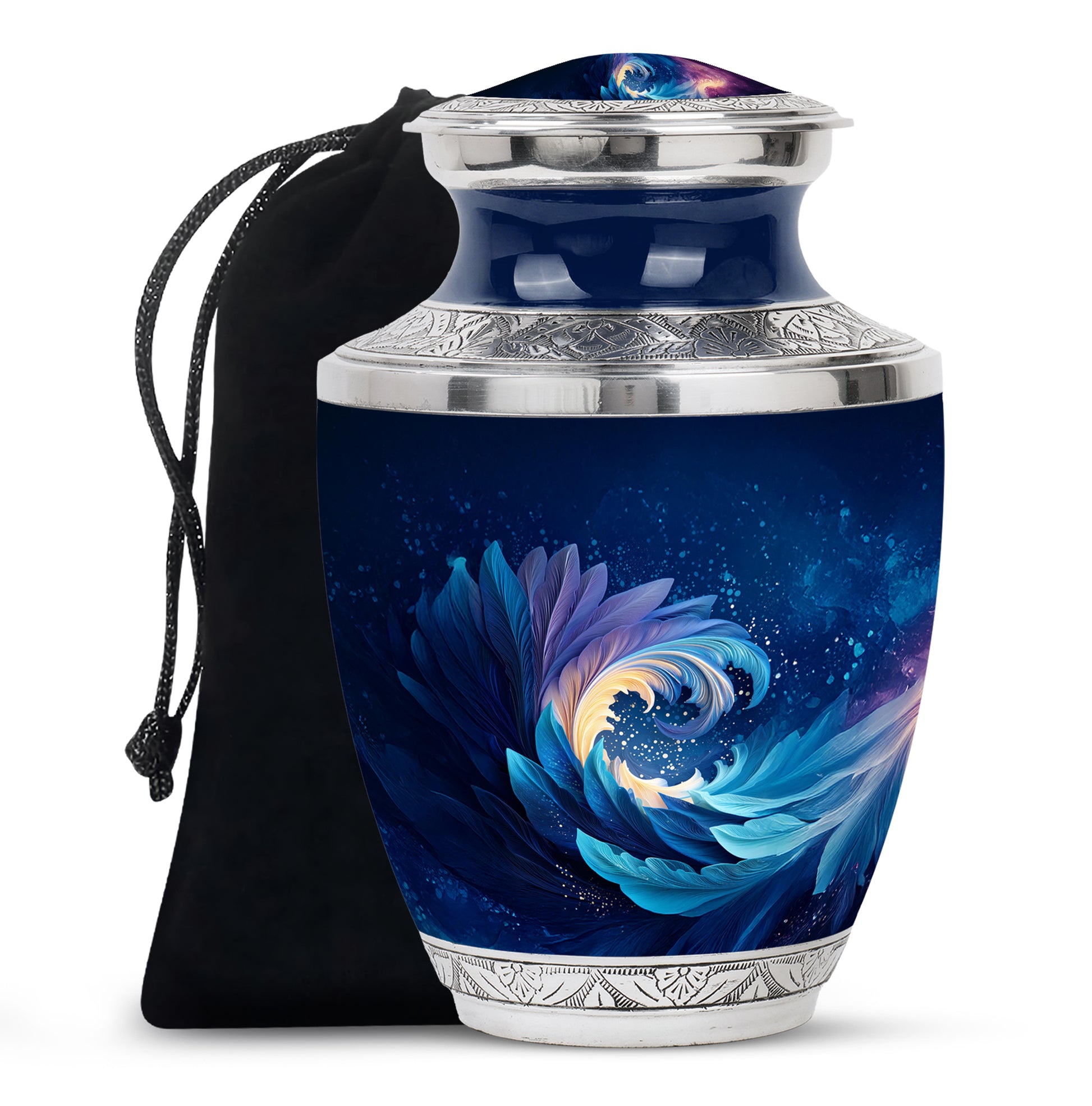 Navy Blue Blue Cremation Urn side profile showing urn shape - contemporary blue design with modern artistic flair - full-size 10 inch 200 cubic inch adult cremation urn