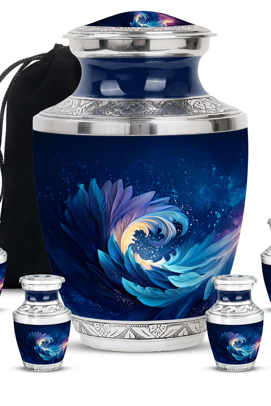 Misty Blue Blue Cremation Urn lifestyle display on memorial shelf - modern art-inspired blue motif on sleek aluminum - memorial set with one large and four small urns