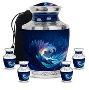 Misty Blue Blue Cremation Urn lifestyle display on memorial shelf - modern art-inspired blue motif on sleek aluminum - memorial set with one large and four small urns