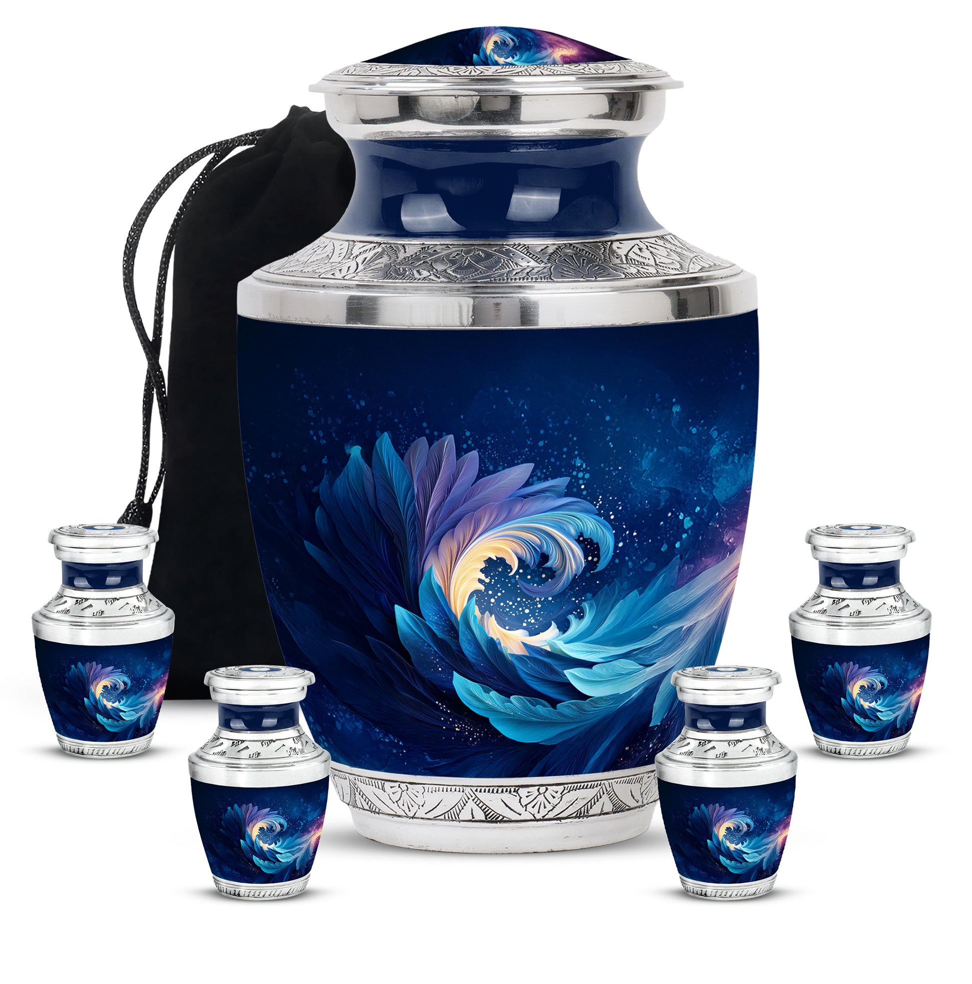 Misty Blue Blue Cremation Urn lifestyle display on memorial shelf - modern art-inspired blue motif on sleek aluminum - memorial set with one large and four small urns