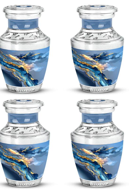 Sky Blue Blue Cremation Urn back view with polished surface - modern art-inspired blue motif on sleek aluminum - 10 inch aluminum urn for cremated remains