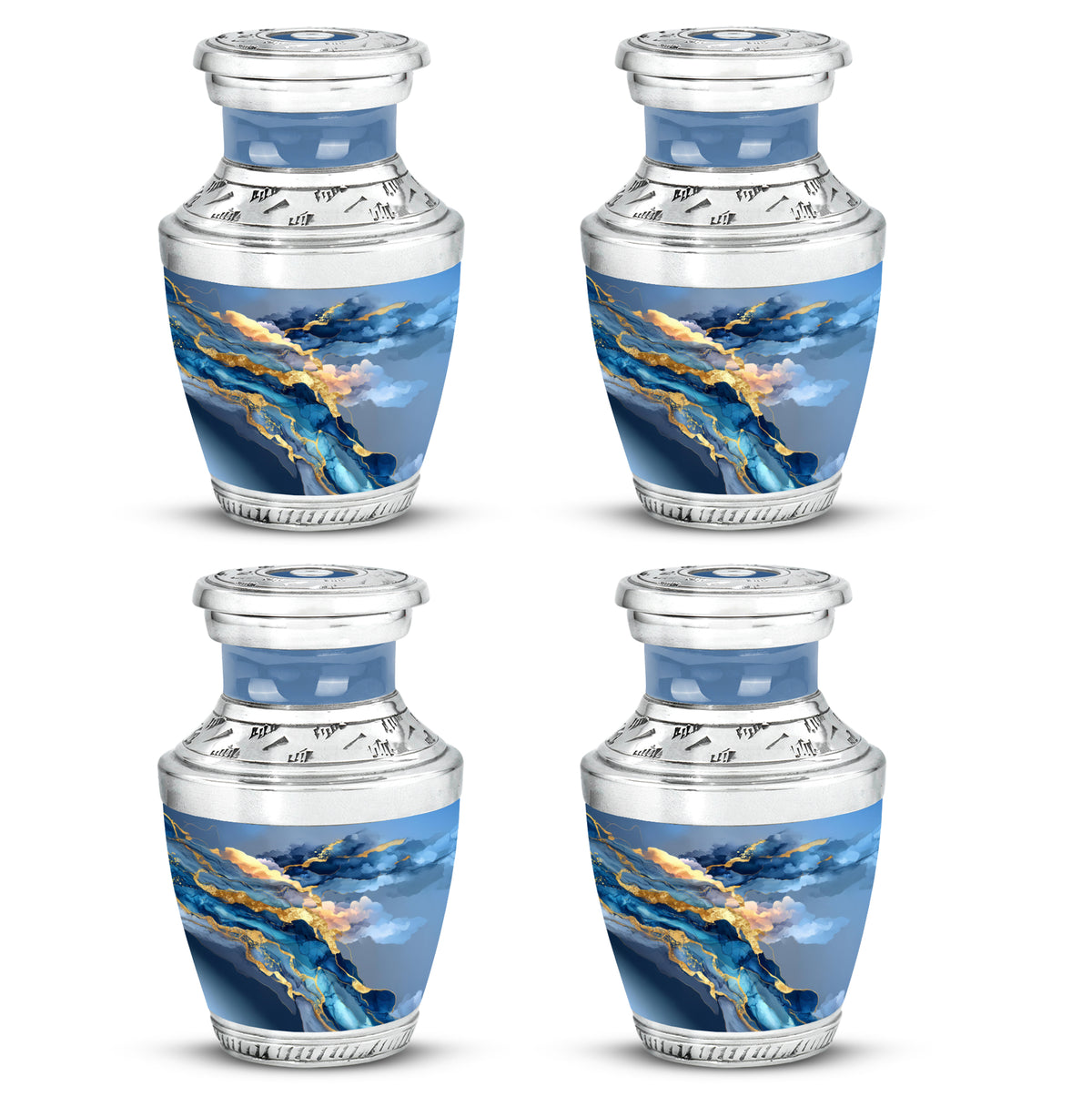 Sky Blue Blue Cremation Urn back view with polished surface - modern art-inspired blue motif on sleek aluminum - 10 inch aluminum urn for cremated remains