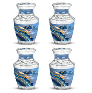 Sky Blue Blue Cremation Urn back view with polished surface - modern art-inspired blue motif on sleek aluminum - 10 inch aluminum urn for cremated remains