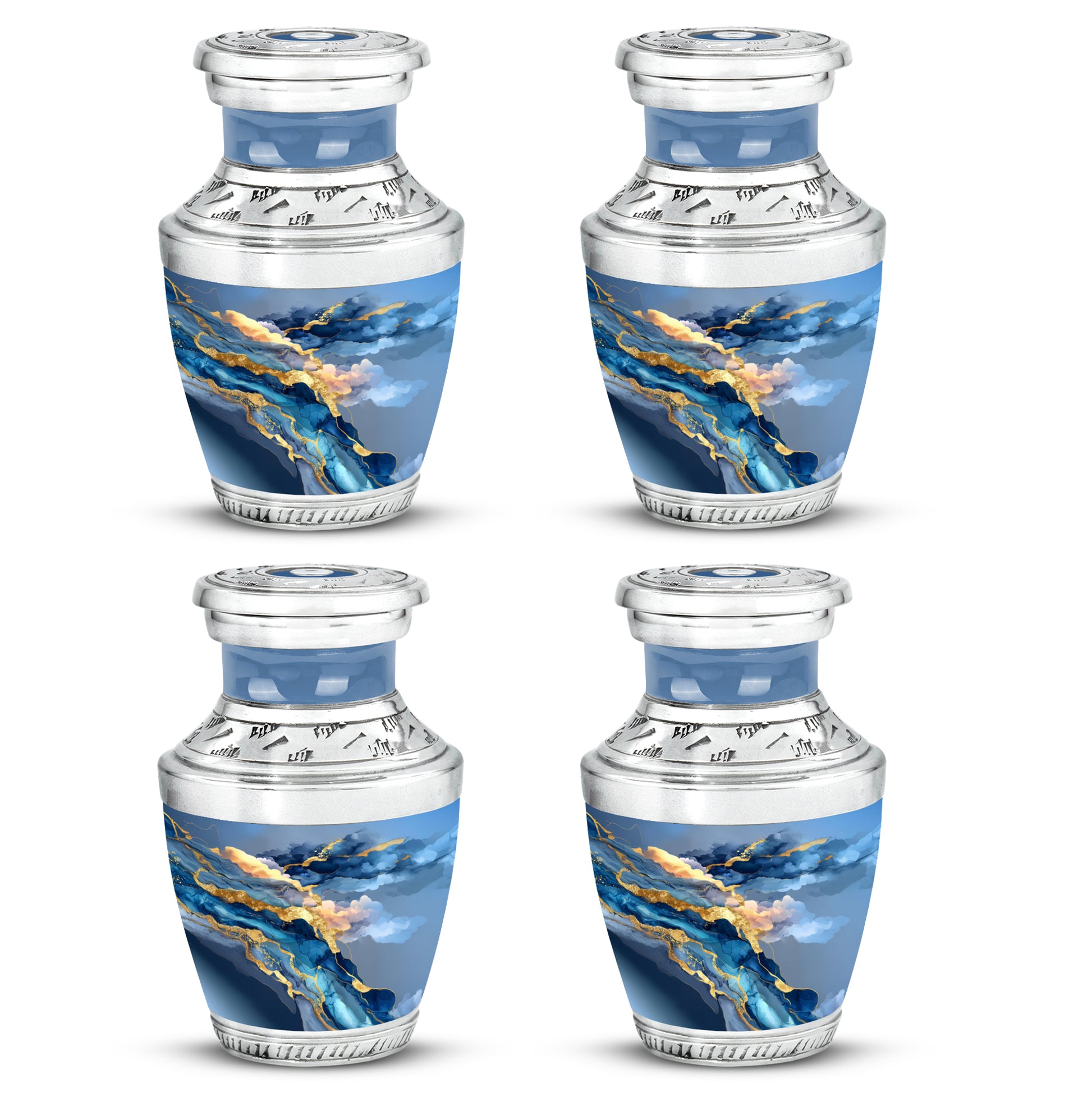 Sky Blue Blue Cremation Urn back view with polished surface - modern art-inspired blue motif on sleek aluminum - 10 inch aluminum urn for cremated remains