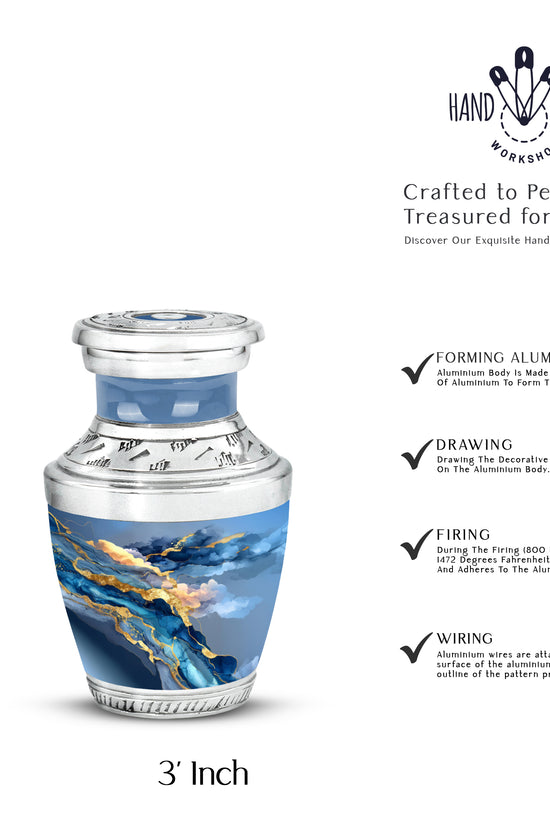 Bright Blue Blue Cremation Urn top-down view of secure threaded lid - artistic blue interpretation with creative detail - mini keepsake memorial for portion of cremation ashes
