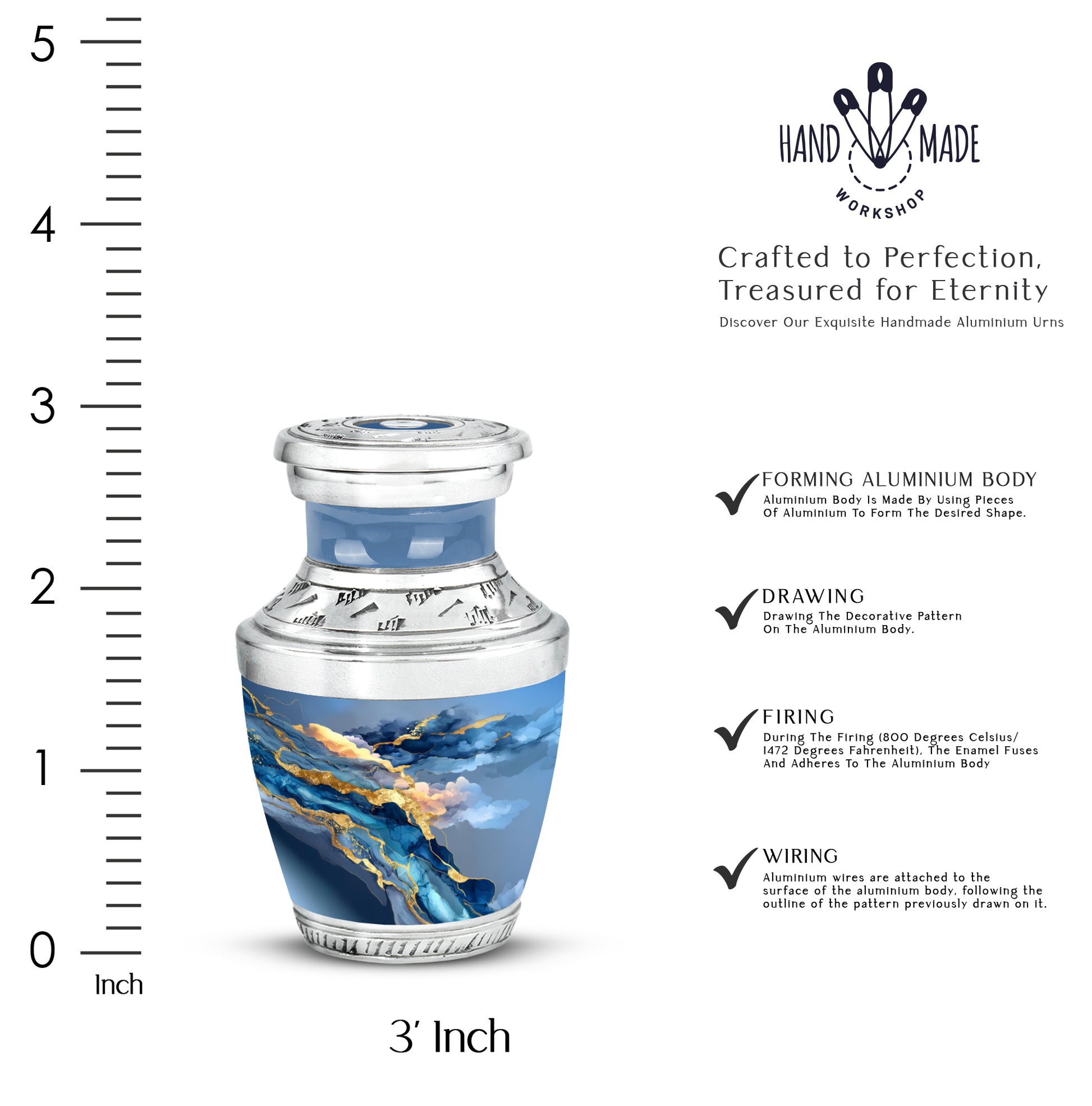 Bright Blue Blue Cremation Urn top-down view of secure threaded lid - artistic blue interpretation with creative detail - mini keepsake memorial for portion of cremation ashes