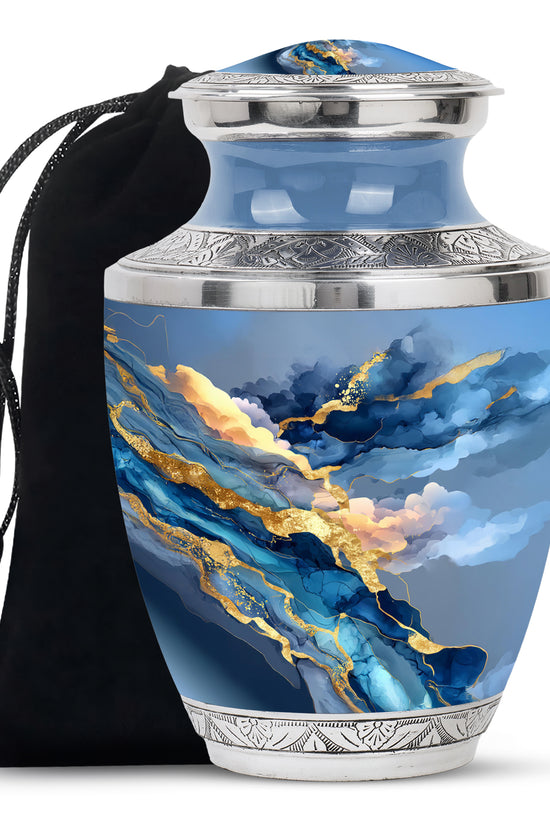 Calming Blue Blue Cremation Urn side profile showing urn shape - artistic blue interpretation with creative detail - full-size 10 inch 200 cubic inch adult cremation urn
