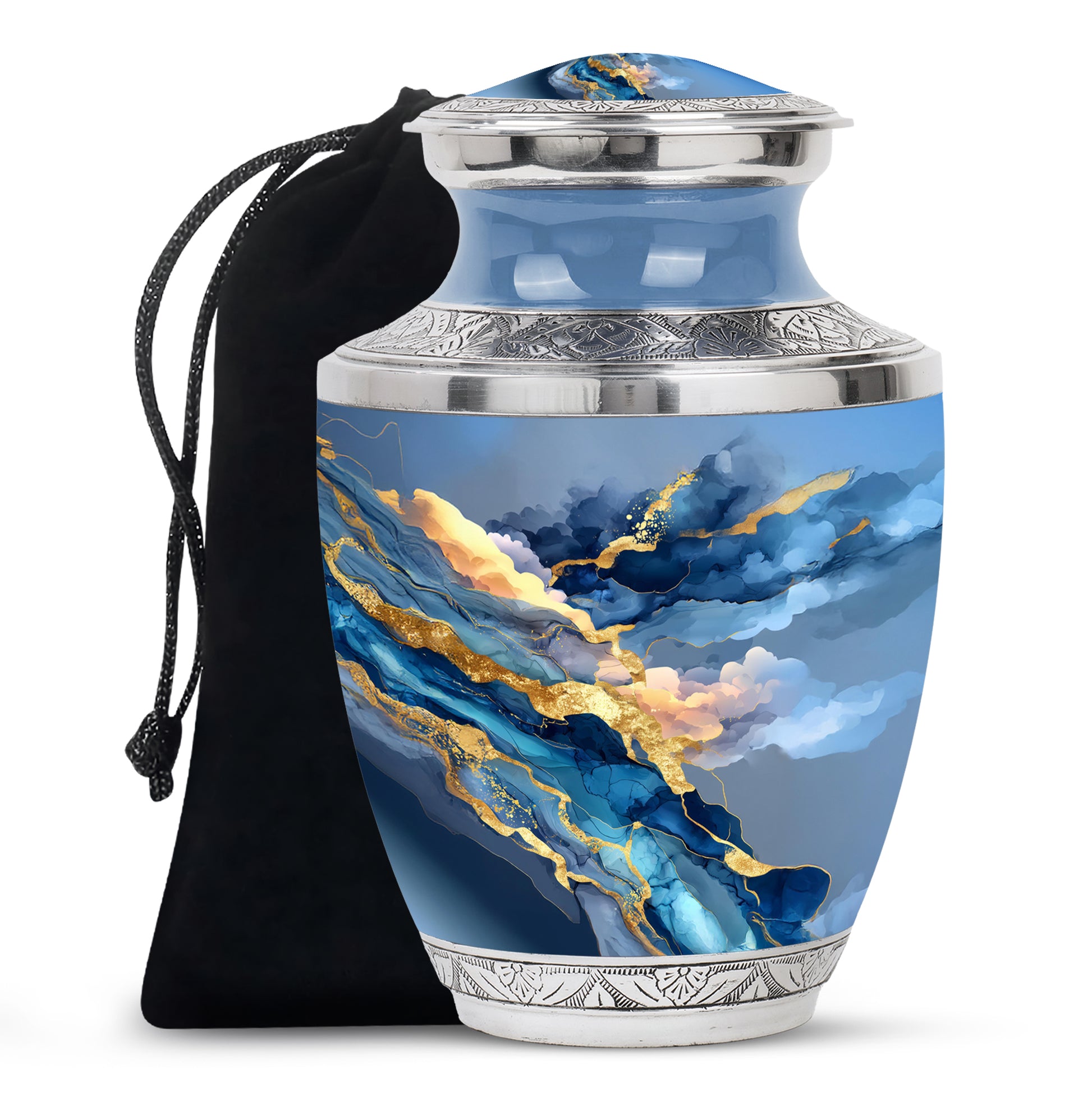 Calming Blue Blue Cremation Urn side profile showing urn shape - artistic blue interpretation with creative detail - full-size 10 inch 200 cubic inch adult cremation urn