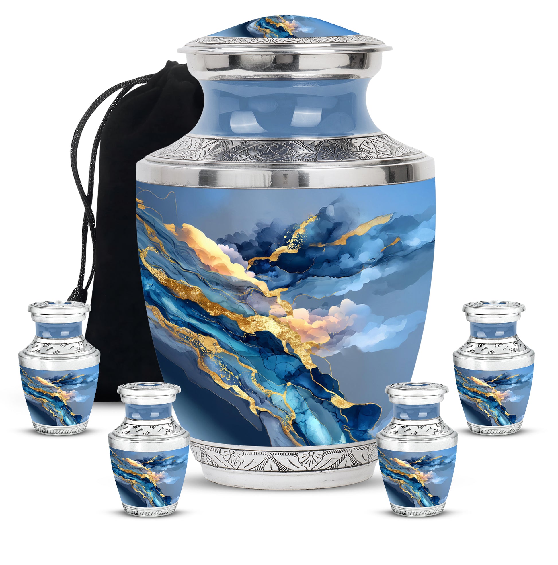 Dusty Blue Blue Cremation Urn lifestyle display on memorial shelf - contemporary blue design with modern artistic flair - memorial set with one large and four small urns