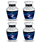 Sapphire Blue Blue Cremation Urn back view with polished surface - stylized abstract blue pattern with bold lines - 10 inch aluminum urn for cremated remains