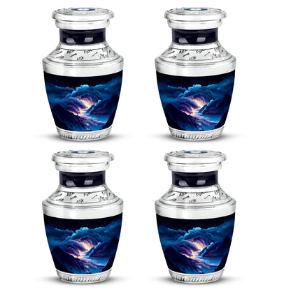 Sapphire Blue Blue Cremation Urn back view with polished surface - stylized abstract blue pattern with bold lines - 10 inch aluminum urn for cremated remains