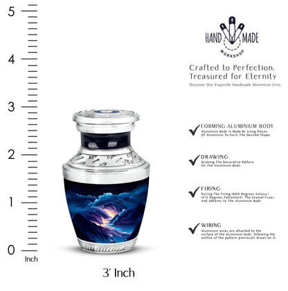 Misty Blue Blue Cremation Urn top-down view of secure threaded lid - contemporary blue design with modern artistic flair - mini keepsake memorial for portion of cremation ashes