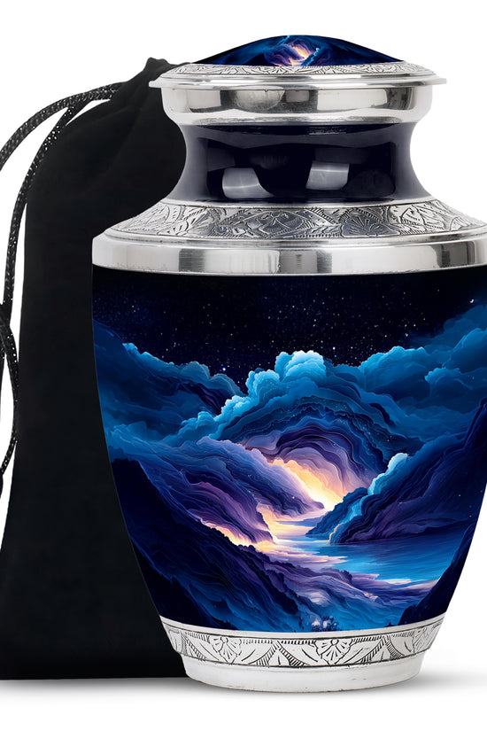 Royal Blue Blue Cremation Urn side profile showing urn shape - artistic blue interpretation with creative detail - full-size 10 inch 200 cubic inch adult cremation urn