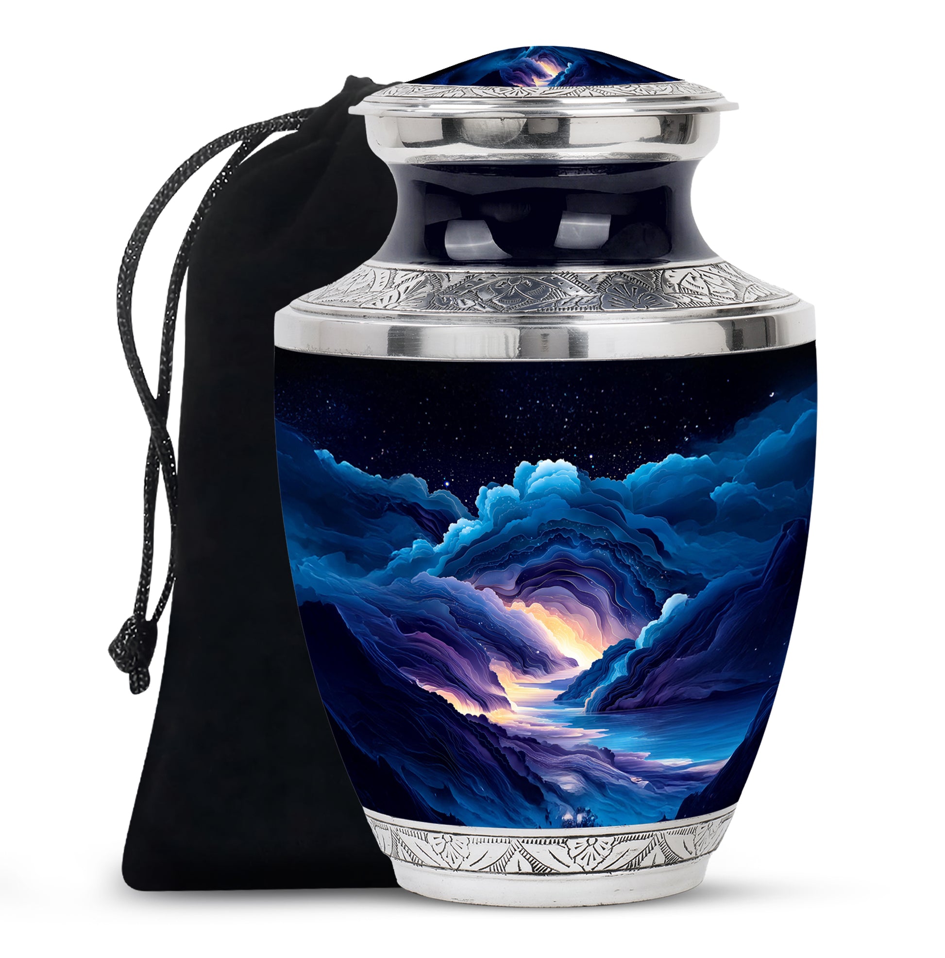 Royal Blue Blue Cremation Urn side profile showing urn shape - artistic blue interpretation with creative detail - full-size 10 inch 200 cubic inch adult cremation urn