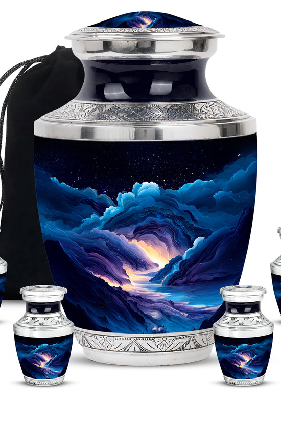 Steel Blue Blue Cremation Urn lifestyle display on memorial shelf - stylized abstract blue pattern with bold lines - memorial set with one large and four small urns
