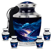 Steel Blue Blue Cremation Urn lifestyle display on memorial shelf - stylized abstract blue pattern with bold lines - memorial set with one large and four small urns