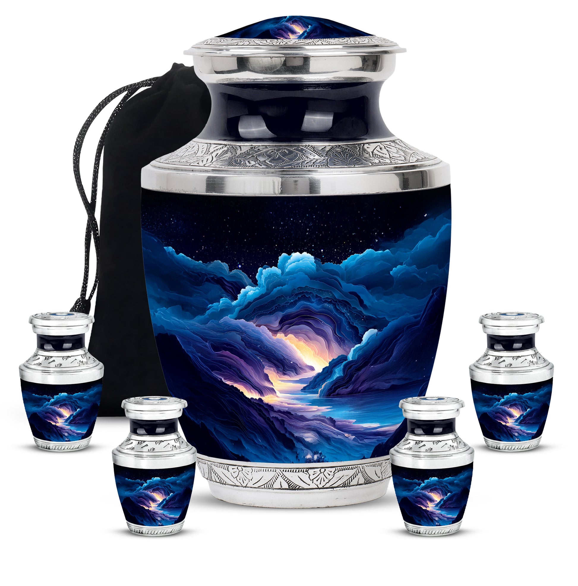 Steel Blue Blue Cremation Urn lifestyle display on memorial shelf - stylized abstract blue pattern with bold lines - memorial set with one large and four small urns
